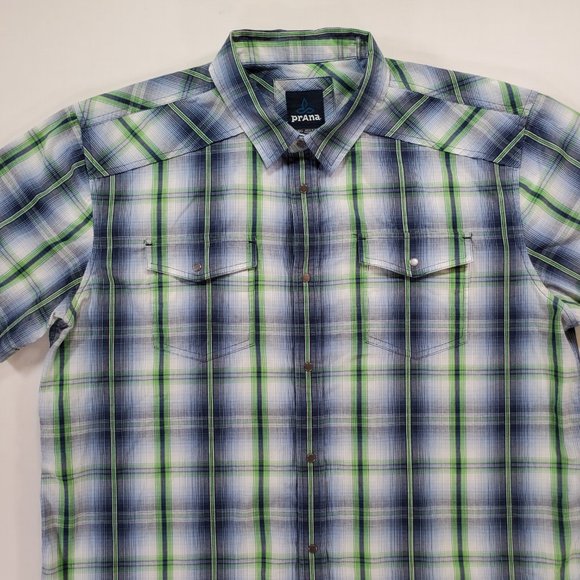 Prana Shirt Men XL Blue Green Madras Plaid Silver Snap Casual Button Up Western - Picture 6 of 15
